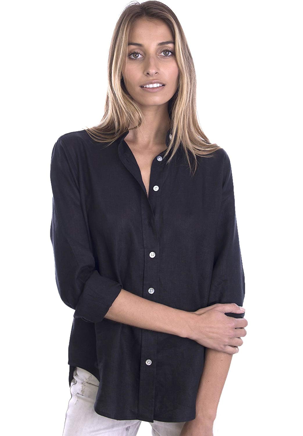 CAMIXA Women's Natural Cool Linen Button-Down Loose Shirt |, Black ...