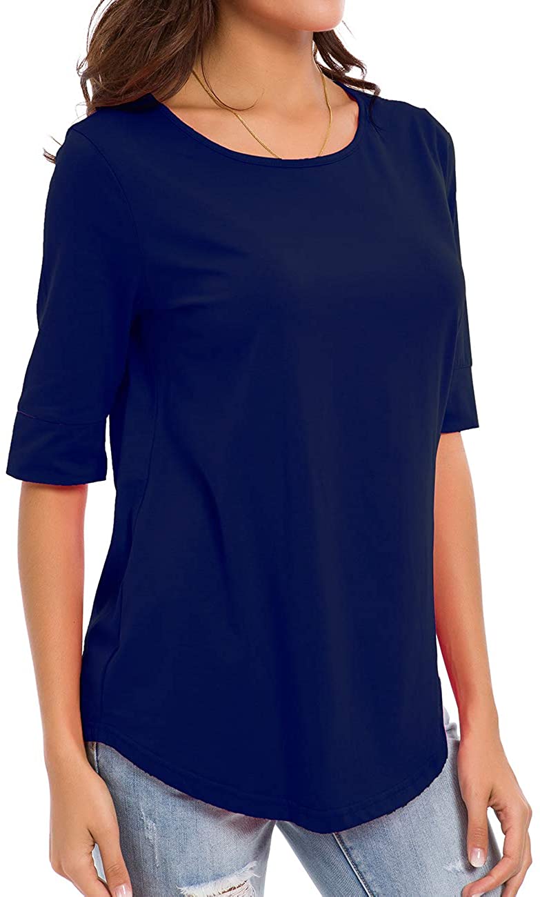 Women's Casual T Shirts Cotton Mid Sleeve Basic Tunics Tee, Blue, Size ...