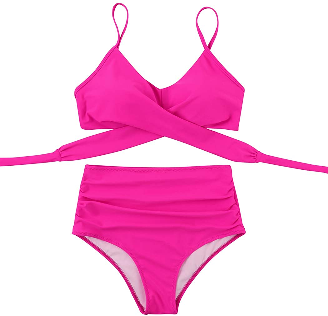 SUUKSESS Women Wrap Bikini Set Push Up High Waisted 2 Piece, Pink, Size ...