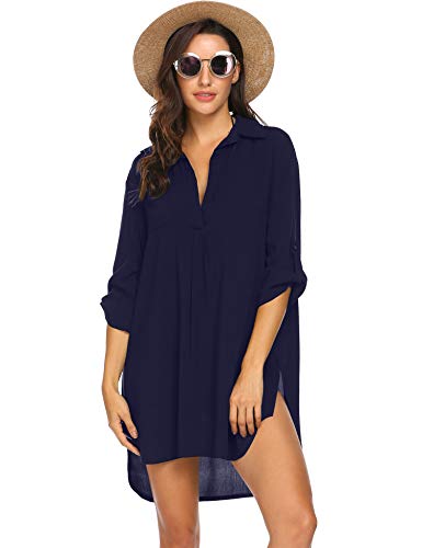 Ekouaer Women's Swimsuit Beach Cover Up Shirt Bikini, Navy Blue, Size