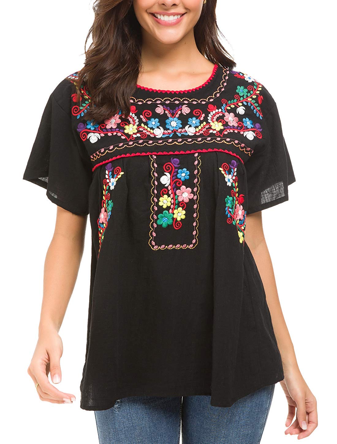YZXDORWJ Women's Embroidered Mexican Peasant Blouse (XL,, Black69, Size ...