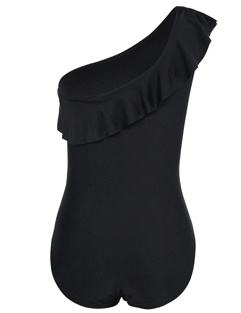 Hilor Women's One Piece Swimsuits One Shoulder Swimwear, Black, Size 14 ...