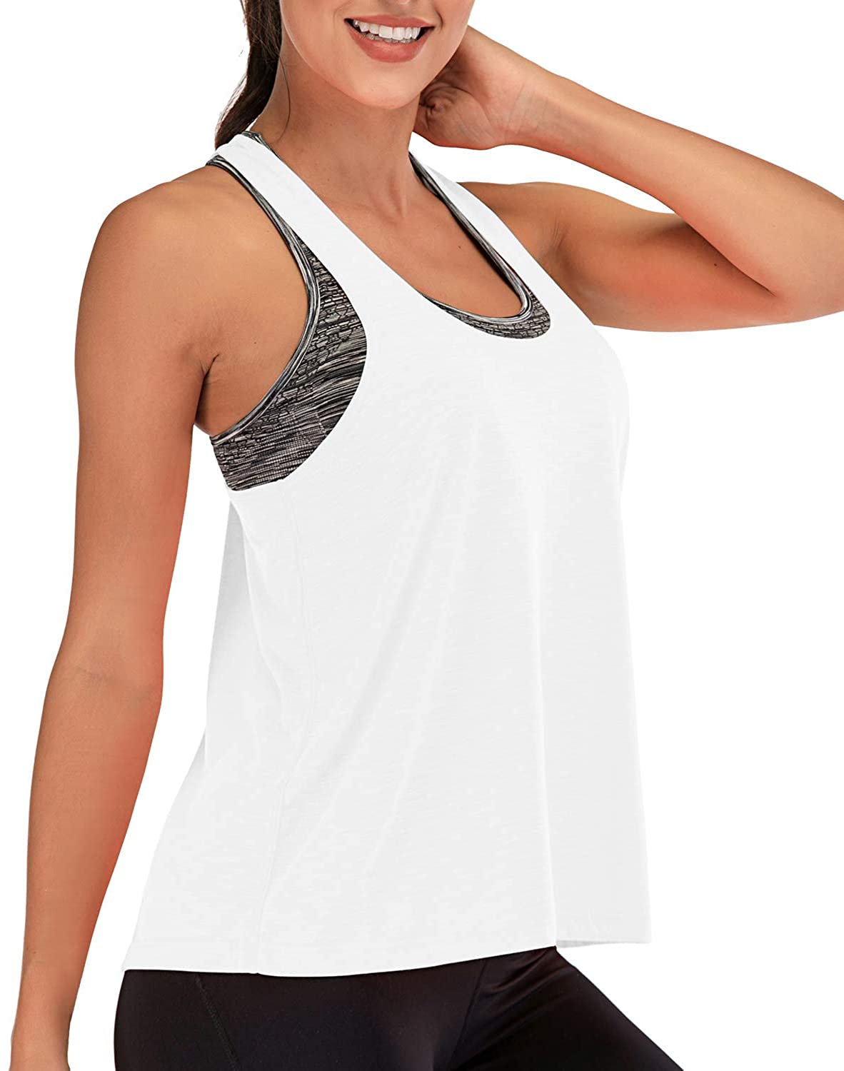 FAFAIR Workout Tank Tops for Women with Built in Bra Tanks, White, Size ...