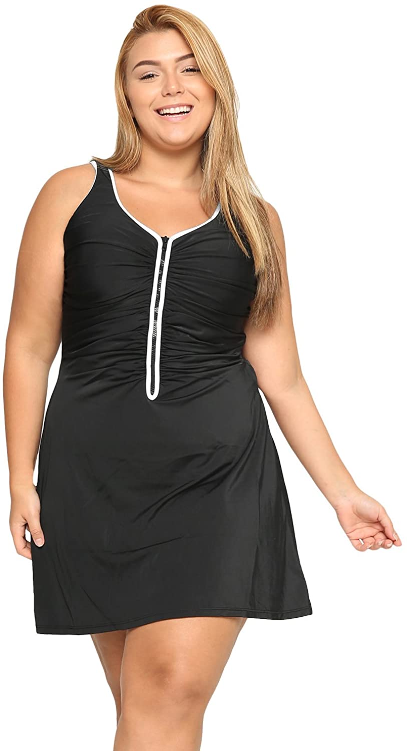 DELIMIRA Women's Plus Size One Piece Swimsuit Zip Front, Black, Size 22