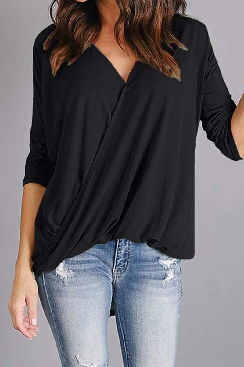 Lovezesent Womens 3 4 Sleeve V Neck Wrap Blouses Twist High Black Size Medium Ebay
