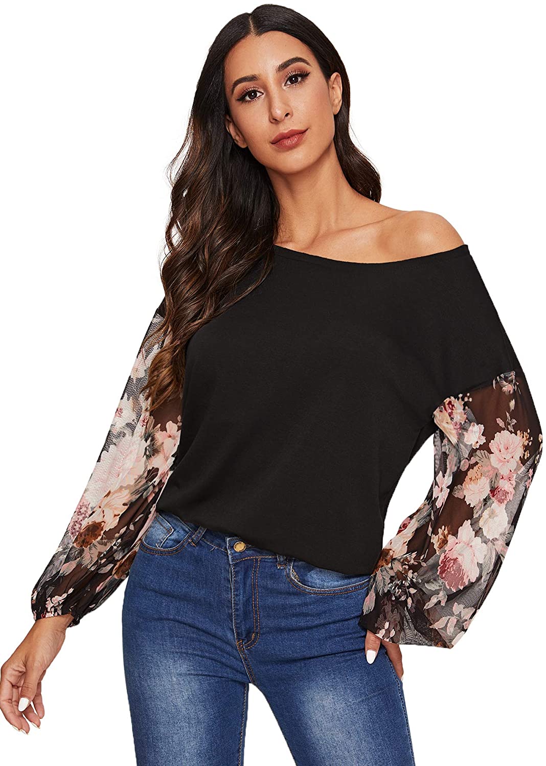 SheIn Women's One Shoulder Long Sleeve Casual, Floral-black, Size X ...