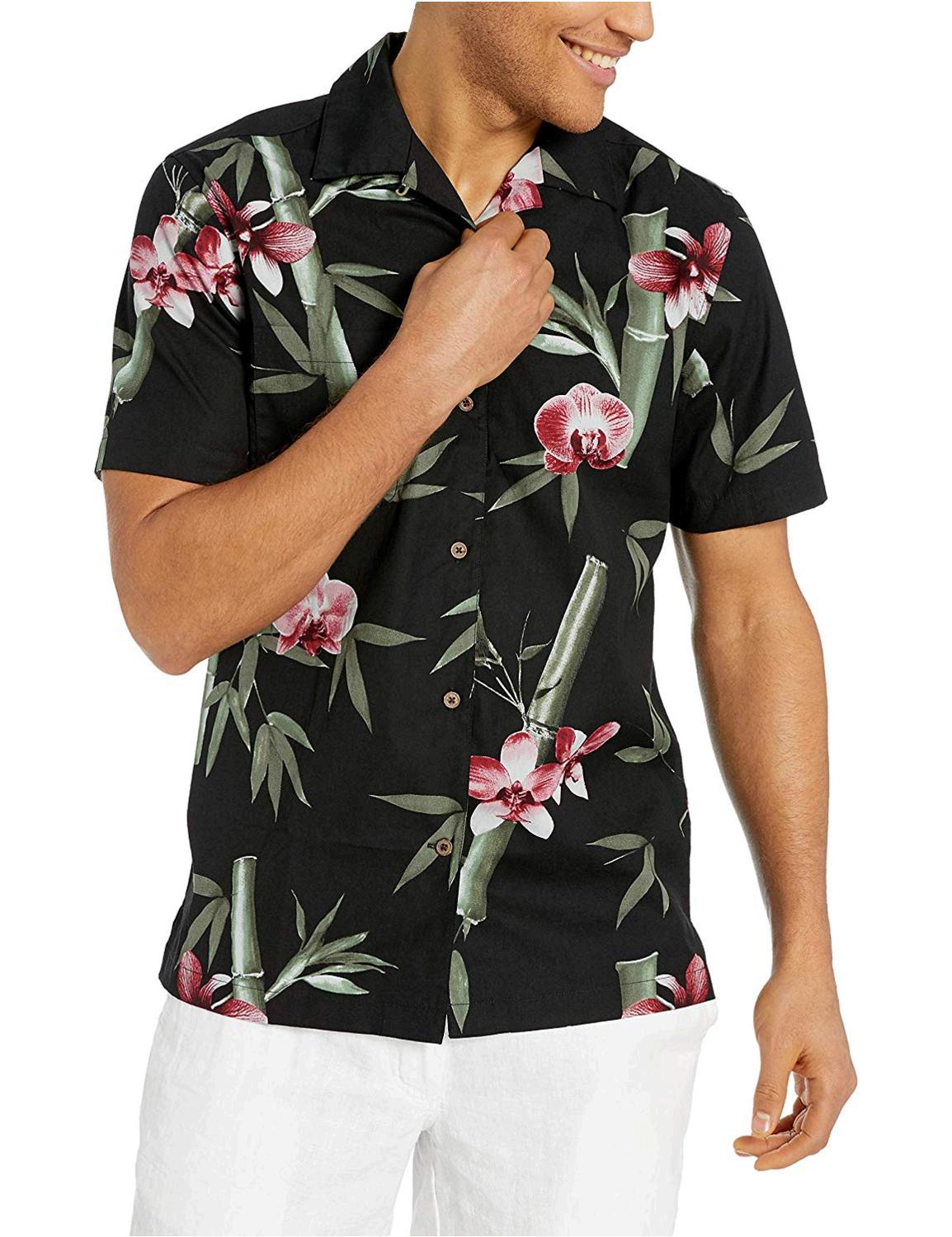 28 Palms Men's Standard-Fit 100% Cotton Tropical Hawaiian Shirt, Black ...