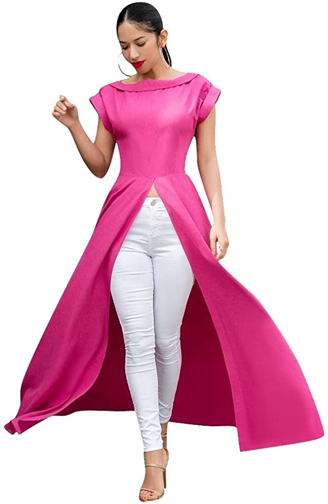Womens Short Sleeve High Low Front Split Long Maxi Tunic Tops Pink