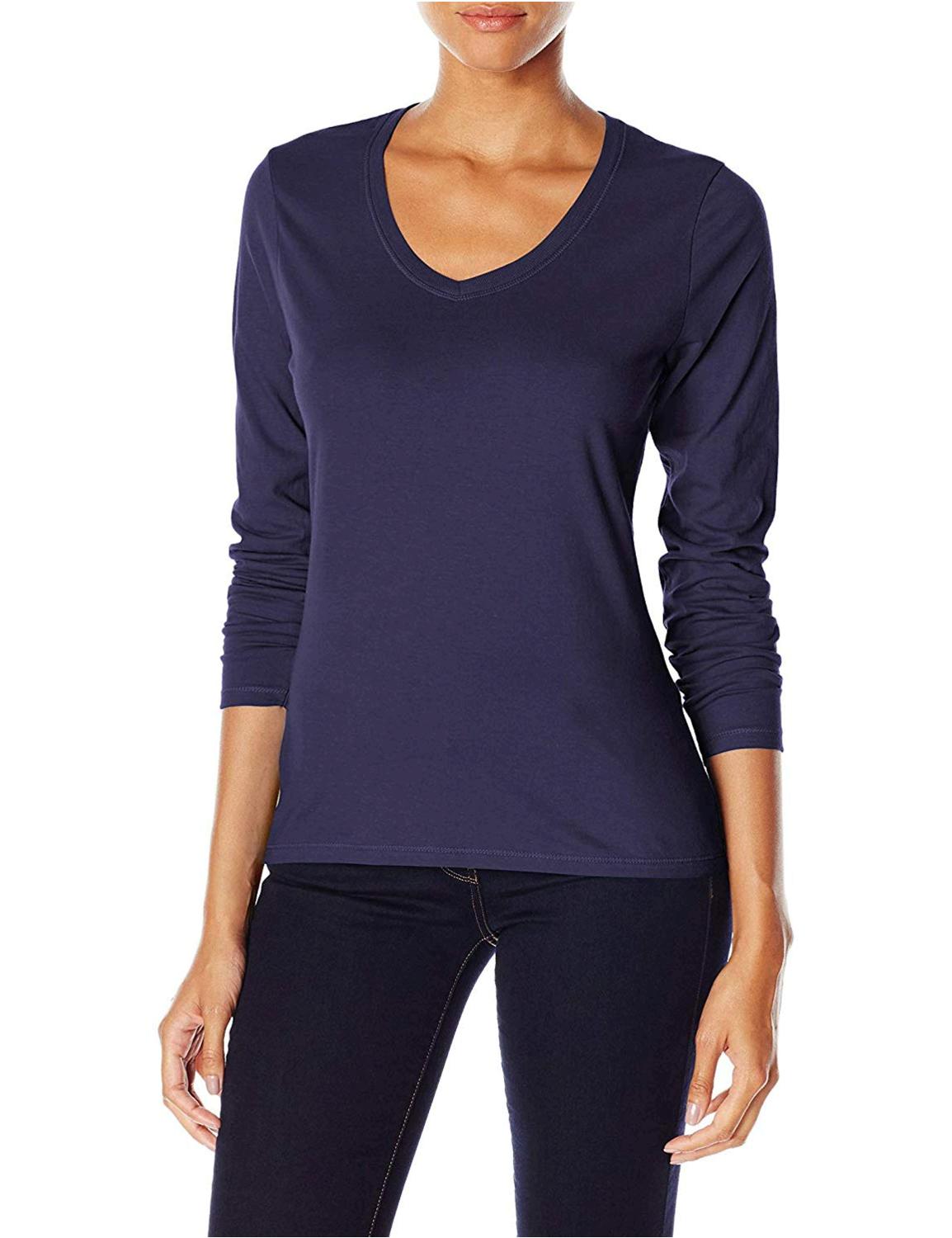 Hanes Women's V-Neck Long Sleeve Tee, Hanes Navy, Large, Hanes Navy ...