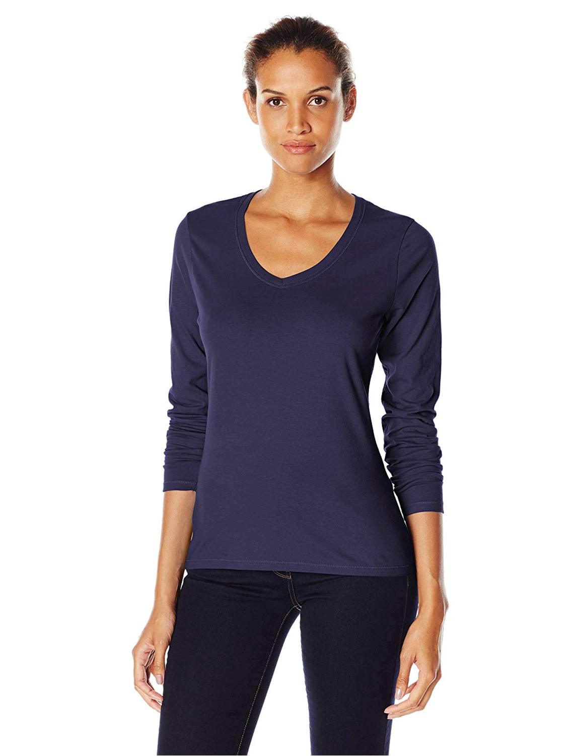 Hanes Women's V-Neck Long Sleeve Tee, Hanes Navy, Large, Hanes Navy ...