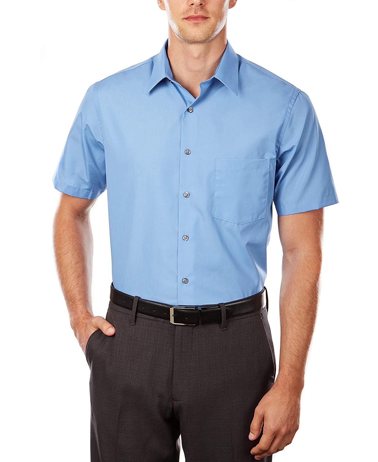 Van Heusen Men's Short Sleeve Poplin Solid Dress Shirt, Cameo Blue ...