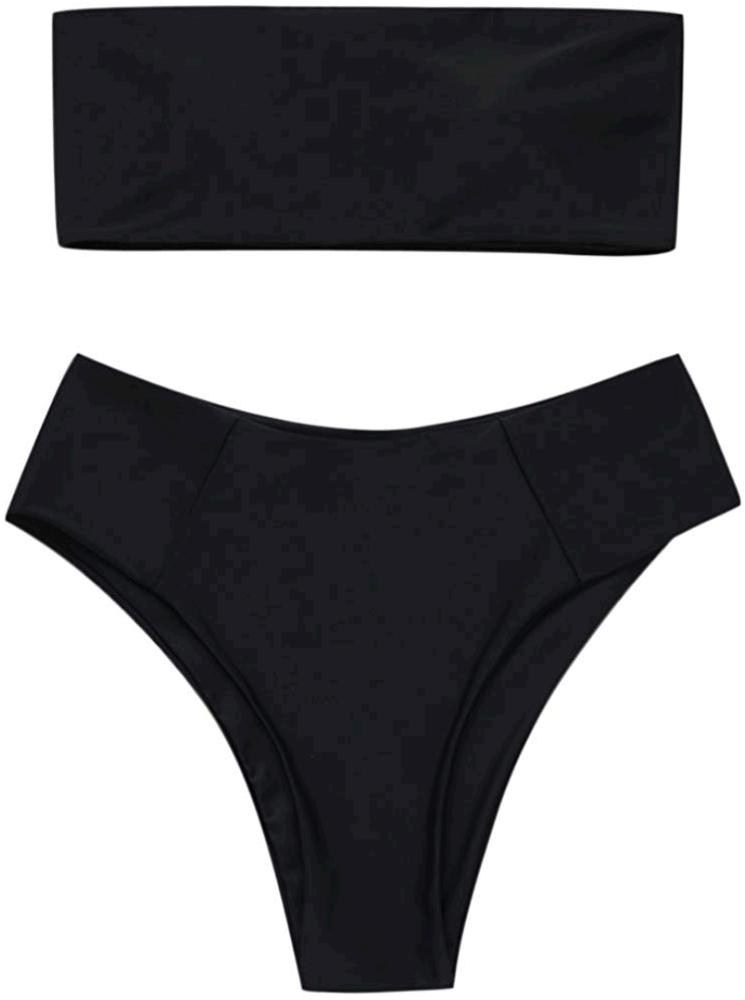 ZAFUL Women's High Cut Bandeau Bikini Set Strapless Solid, Black, Size ...