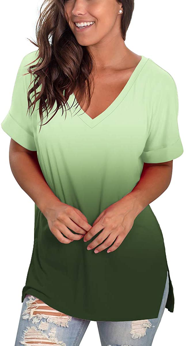 SAMPEEL Womens Floral Tops Short Sleeve V Neck, 64-gradientgreen, Size ...