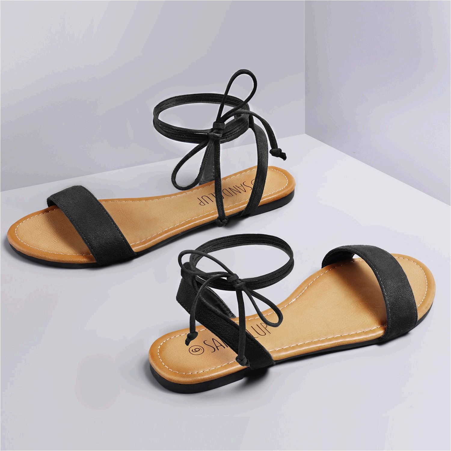 Sandalup Tie Up Ankle Strap Flat Sandals For Women New Black Size 5 0 Ebay