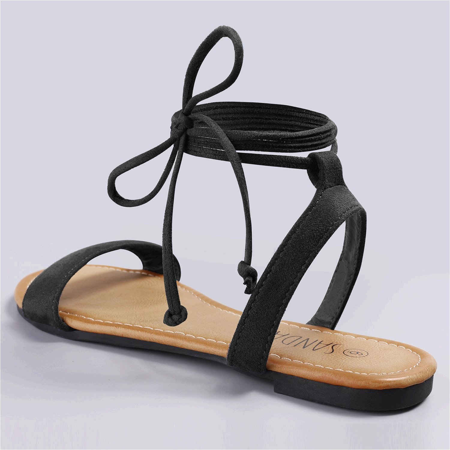 SANDALUP Tie Up Ankle Strap Flat Sandals for Women, New Black, Size 5.0 ...