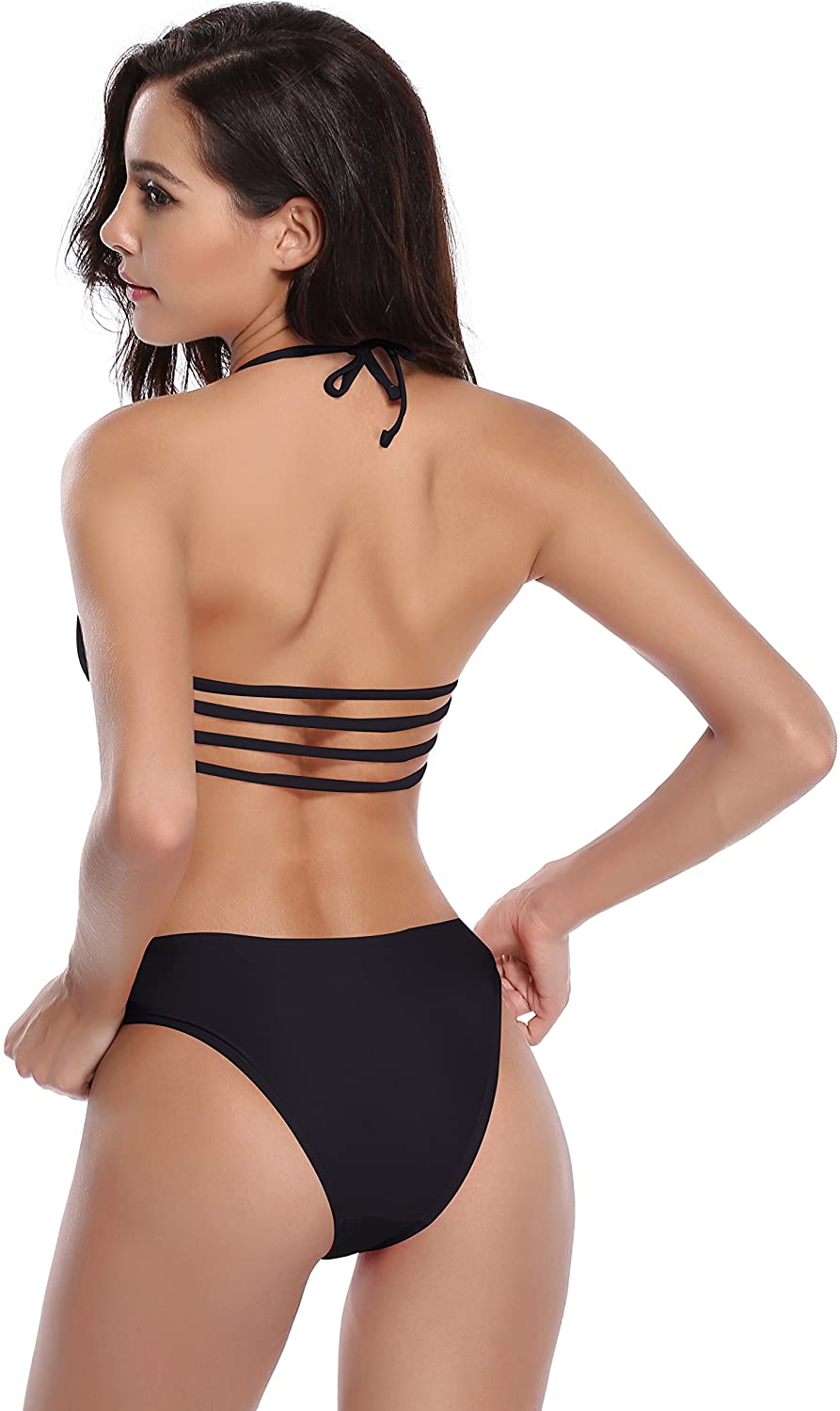 Shekini Womens Bikini Padded Cutout Strappy Halter Manhattan Black Size Large Ebay