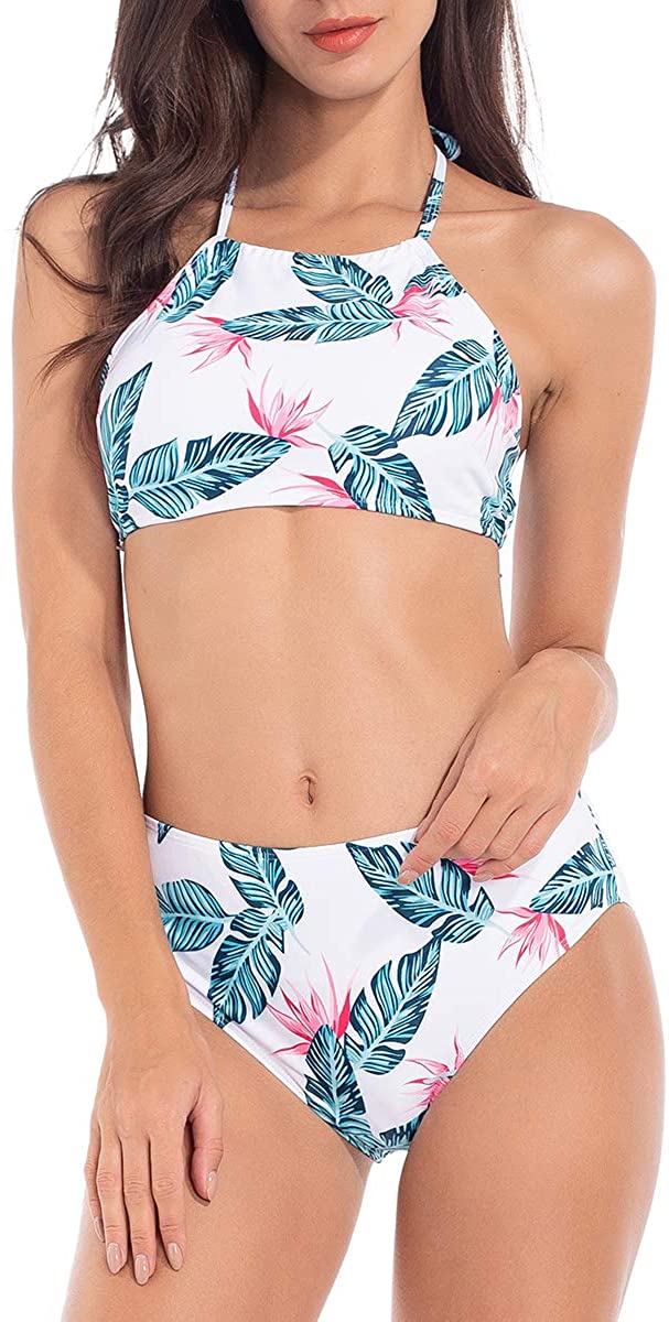 Womens Leaves Print Halter High Neck Swimsuit Top Sets Swimwear Beach Suit 