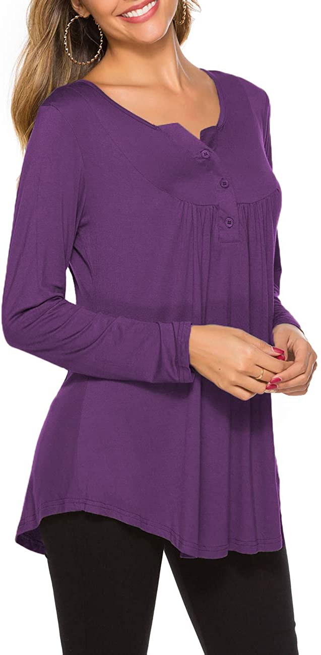 Women's Casual Long Sleeve Henley V-Neck Loose Fit, Purple, Size XX ...