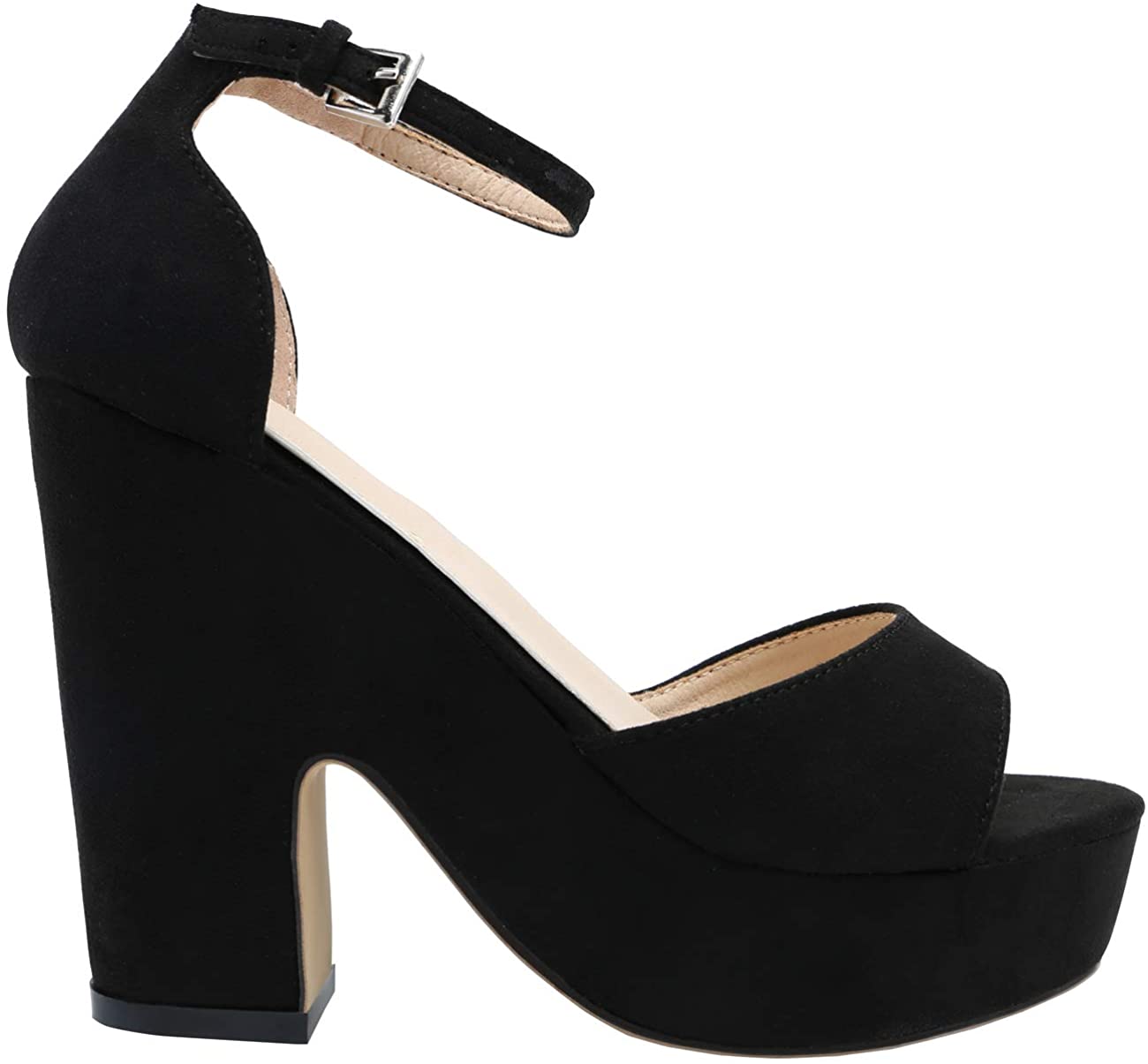 SHOESFEILD Women's Ankle Strap Platform Heels Chunky, Black Suede, Size 8.0 TNeh | eBay