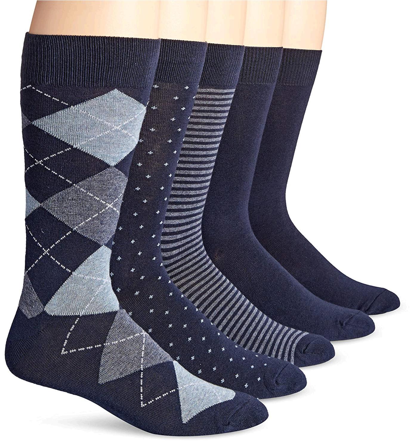 Essentials Men's 5-Pack Patterned Dress Socks,, Assorted Navy, Size 8.0 ...