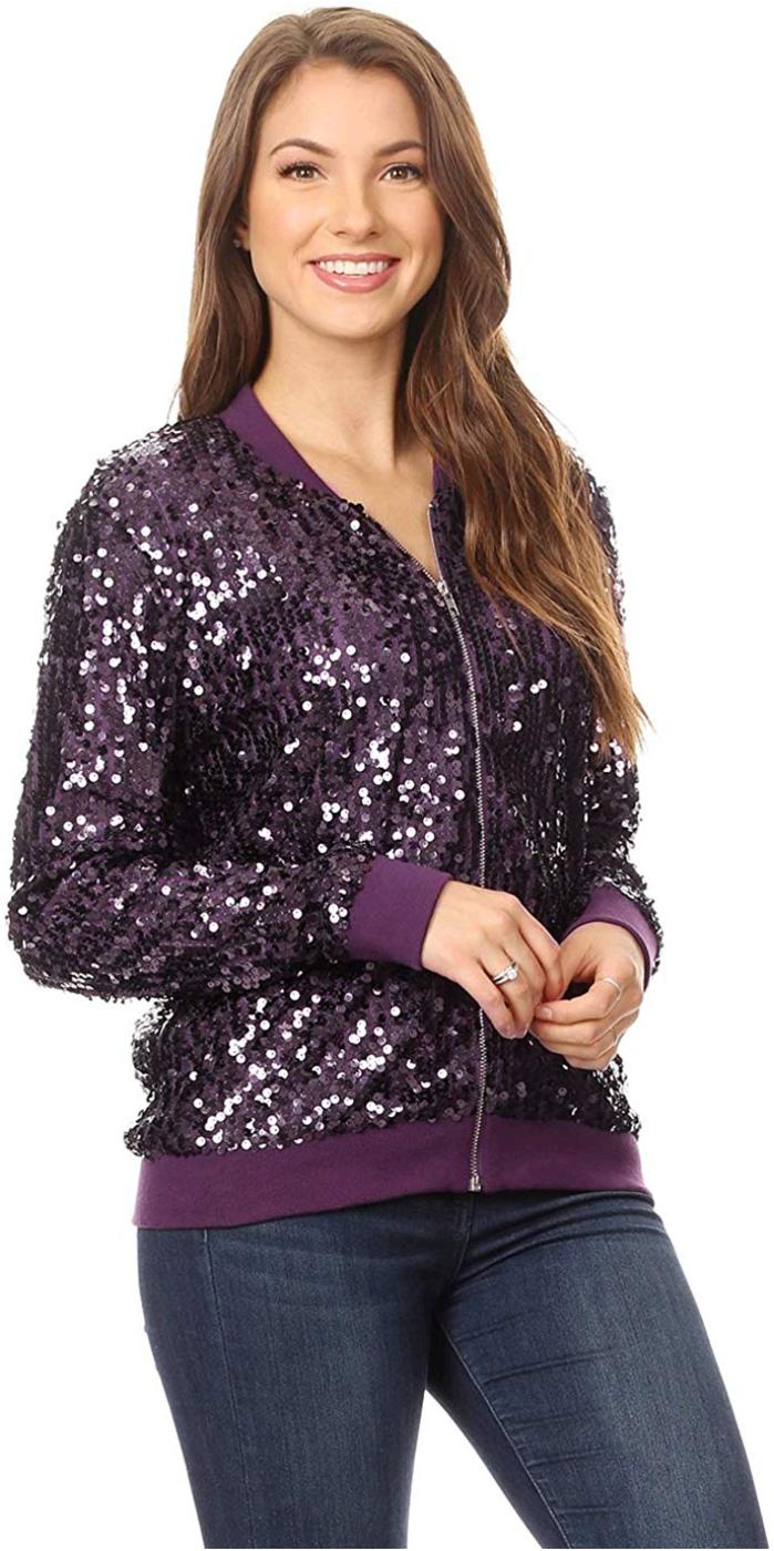 Download Anna-Kaci Womens Sequin Long Sleeve Front Zip Jacket with ...