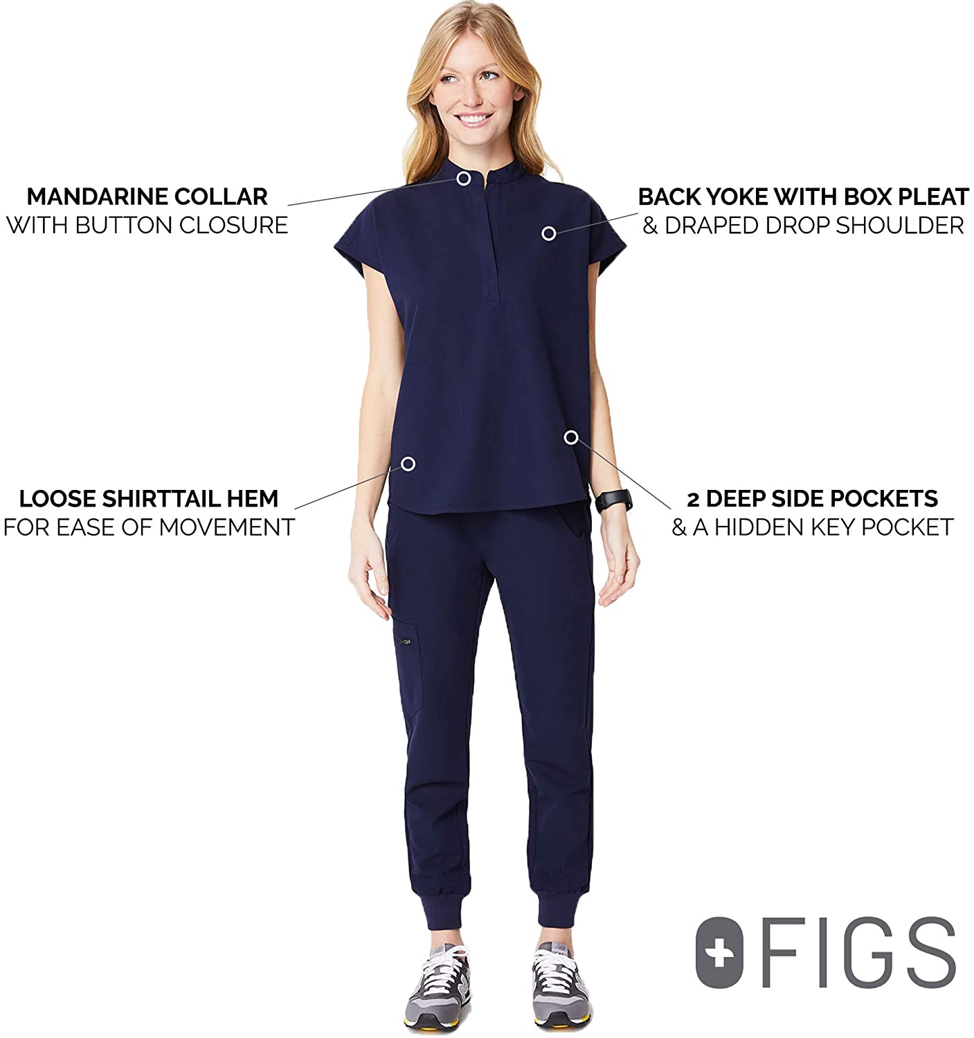 FIGS Rafaela TwoPocket Mandarin Collar Medical Scrub Top, Navy Blue