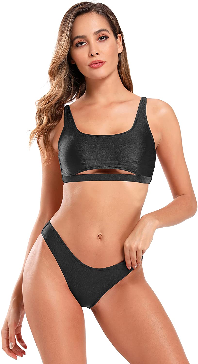 SHEKINI Women's Sexy Scoop Neck Crop Top Bikini Cutout, Black, Size