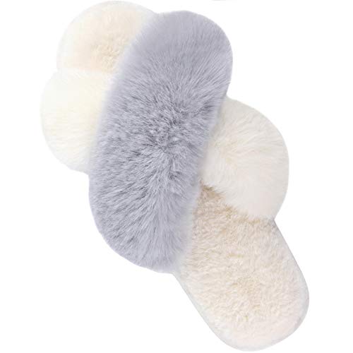 Women's Fuzzy Slippers Cross Band Soft Plush Cozy House Shoes