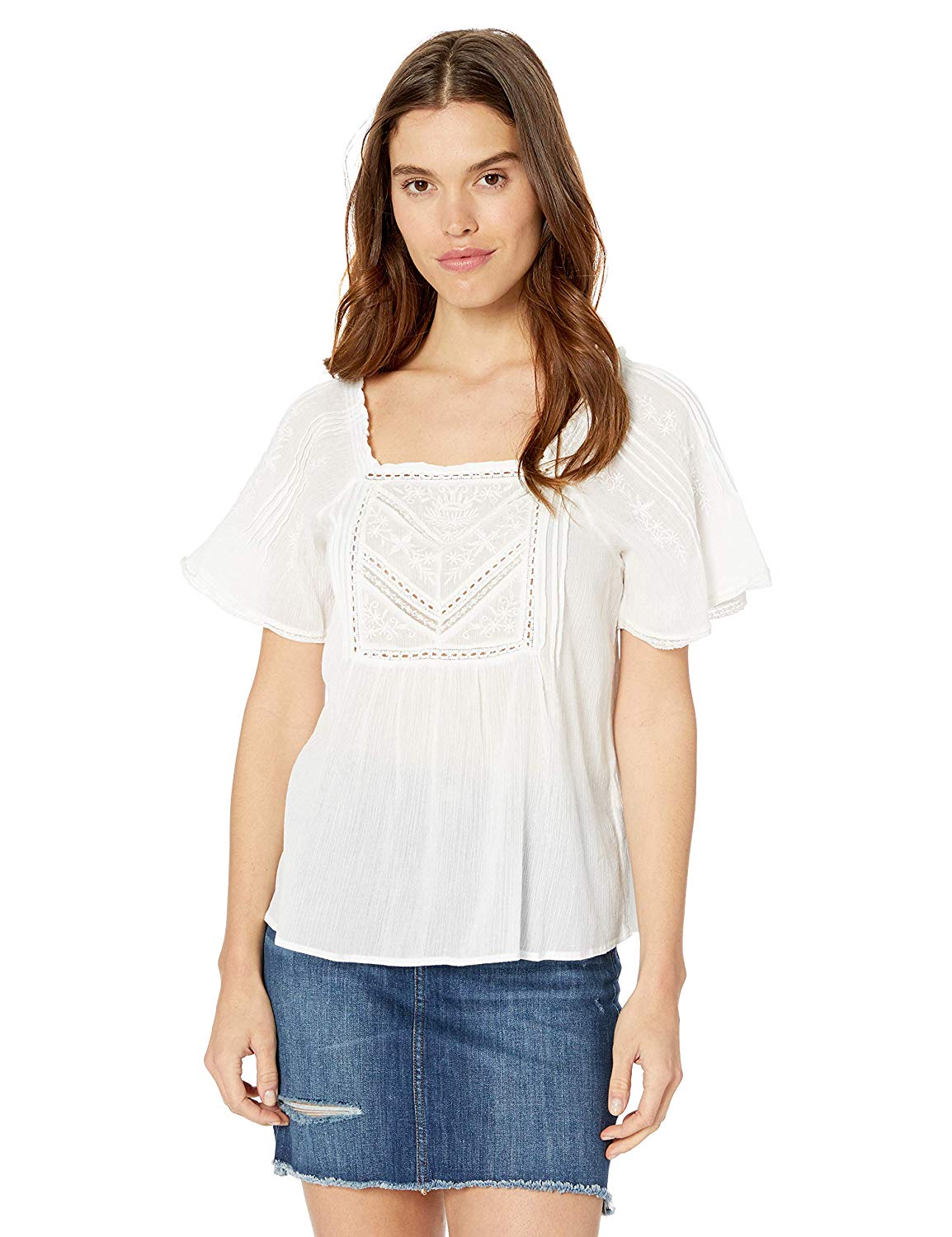 Lucky Brand Women's Embroidered Flutter Sleeve TOP,, Lucky White, Size ...