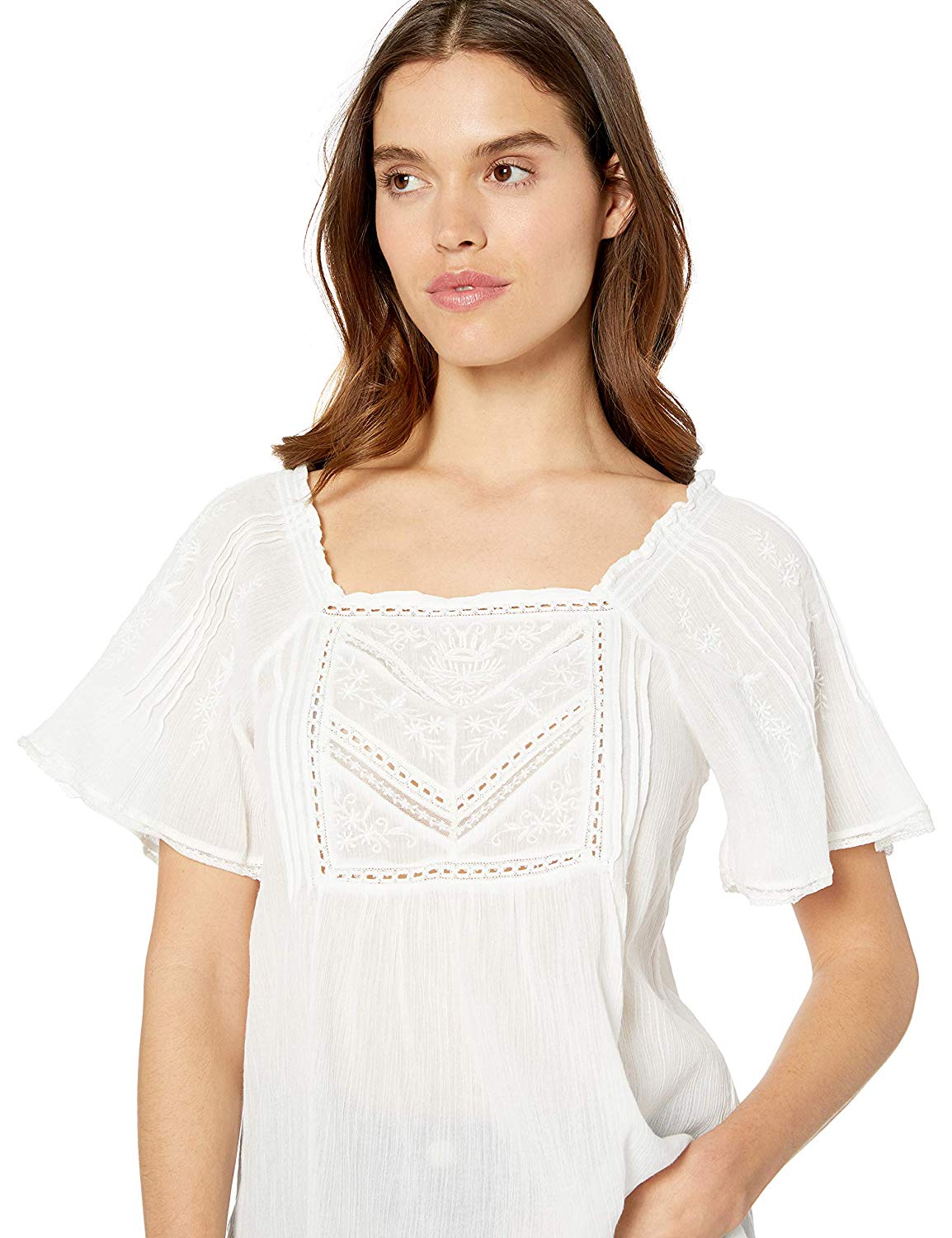 Lucky Brand Women's Embroidered Flutter Sleeve TOP,, Lucky White, Size