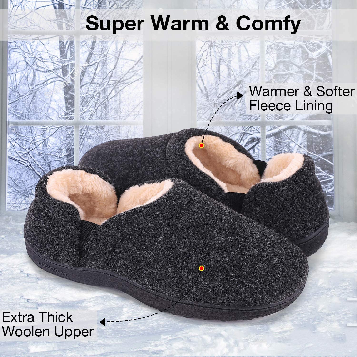 LongBay Men's Cozy Memory Foam Slippers Comfy House Shoes, Black, Size ...