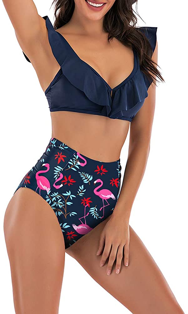 Foshow Womens Cute Ruffle Flounce Two Piece Swimsuits High Navy Size 0648