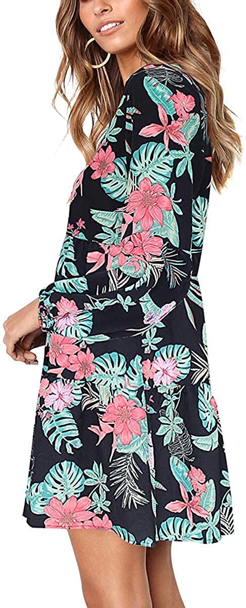 MISSLOOK Women's Short Sleeve Tunic Dress V Neck, Printing Flower, Size ...