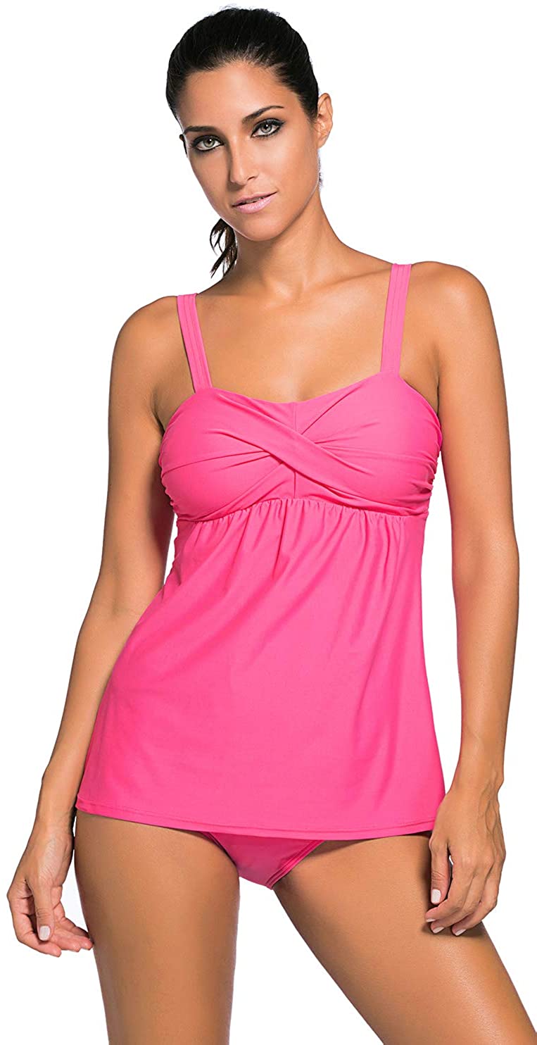 Zncmrr Womens Solid Ruched Tankini Top Swimsuit With Rose Red Size 2074