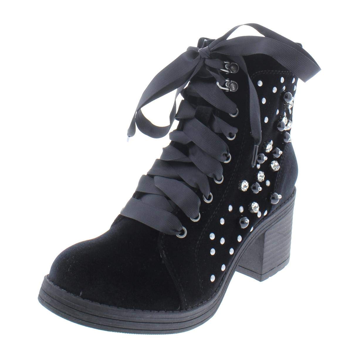 Madden Girl Womens Veera Embellished Velvet Combat Boots, Black Velvet