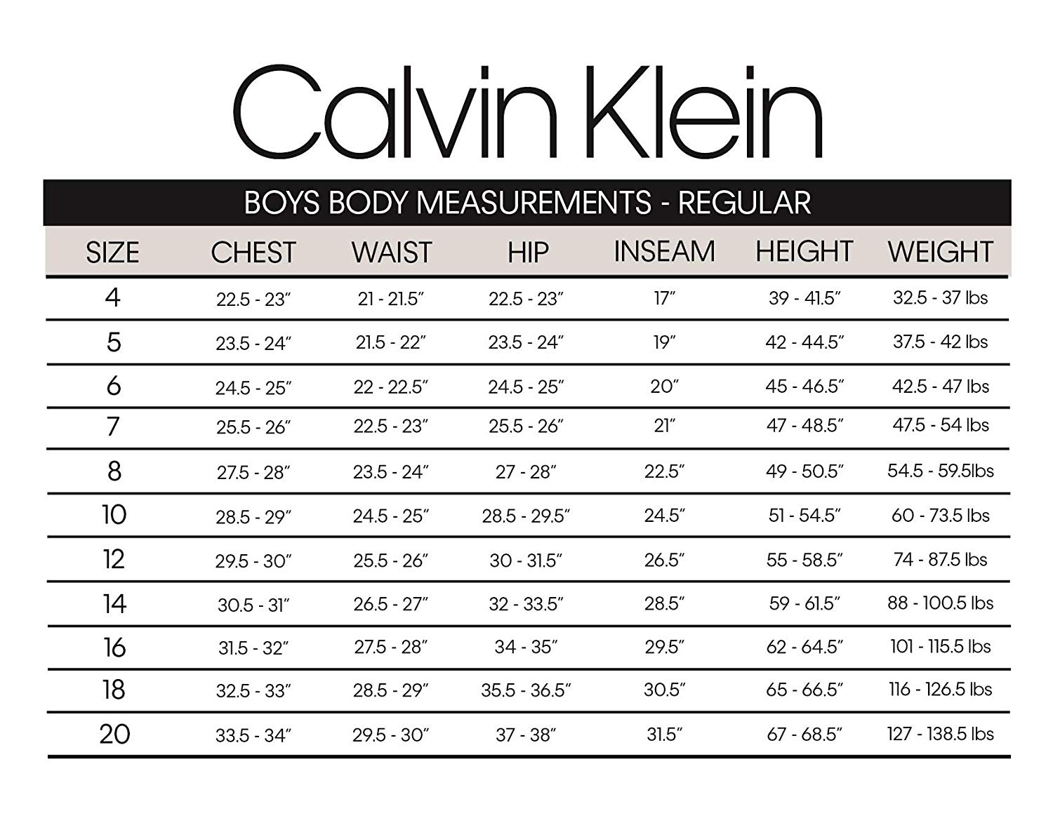 Calvin Klein Men's Size Chart