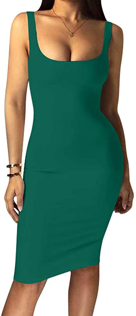 LAGSHIAN Women's Sexy Bodycon Tank Dress Sleeveless Basic, Dark-green ...