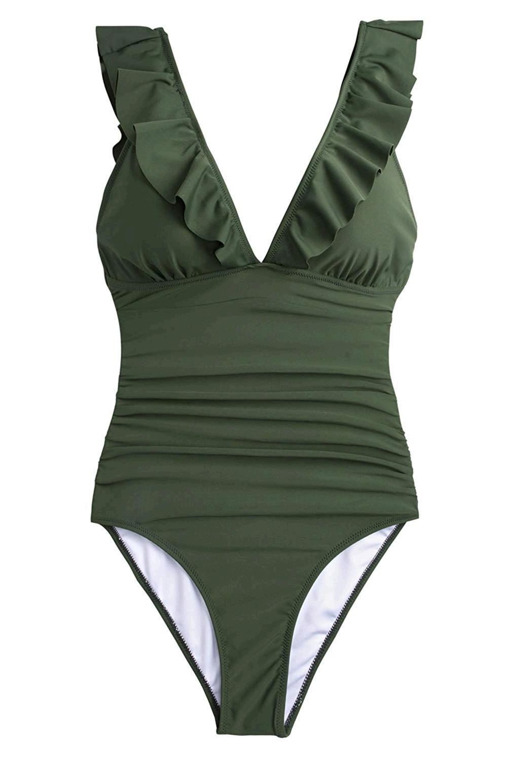 CUPSHE Women's V Neck One Piece Swimsuit Ruffled Lace Up, Green, Size