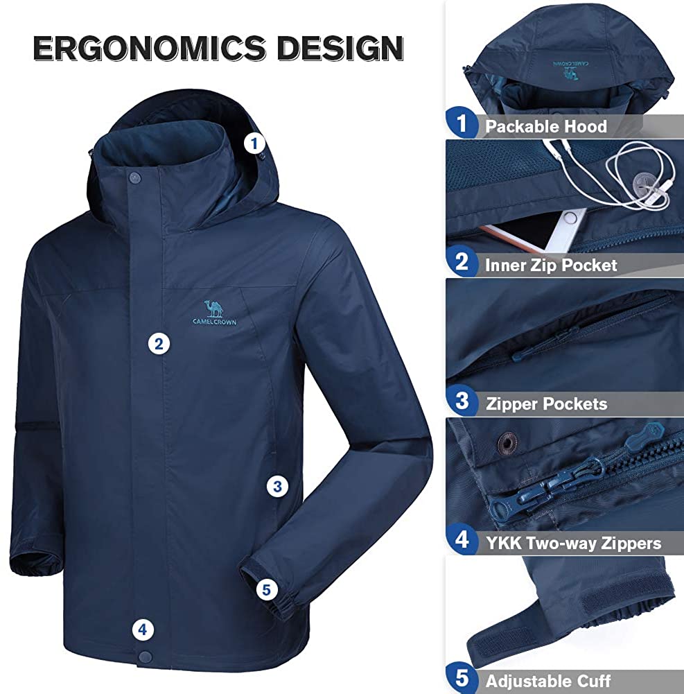 CAMEL CROWN Mens Waterproof Jacket Hooded Windbreaker, Navy Blue, Size