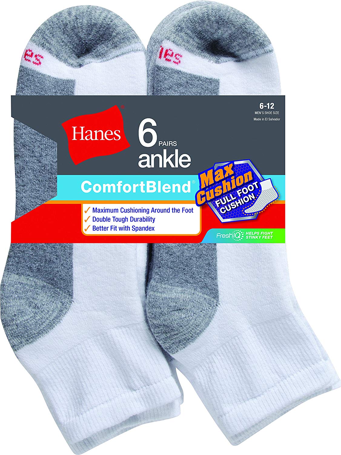 Hanes Men's ComfortBlend Max Cushion Ankle Socks, 6 Pack,, White, Size