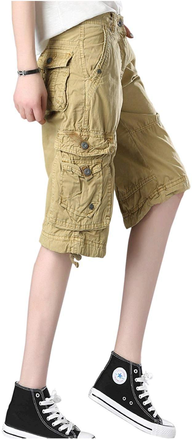HOW'ON Women's Casual Loose Fit Twill Bermuda Cargo Shorts, Khaki, Size