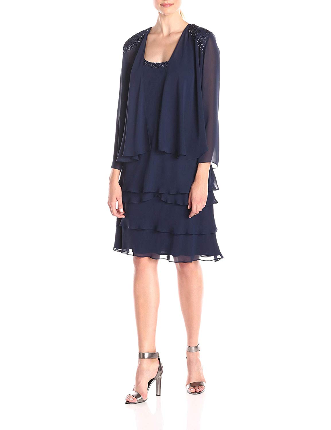 S.L. Fashions Women's Embellished Tiered Jacket Dress (Petite, Navy ...
