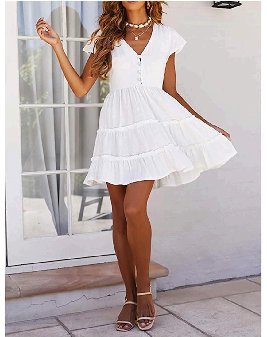 TECREW Women's Casual Short Sleeve Summer Dress, Solid White, Size