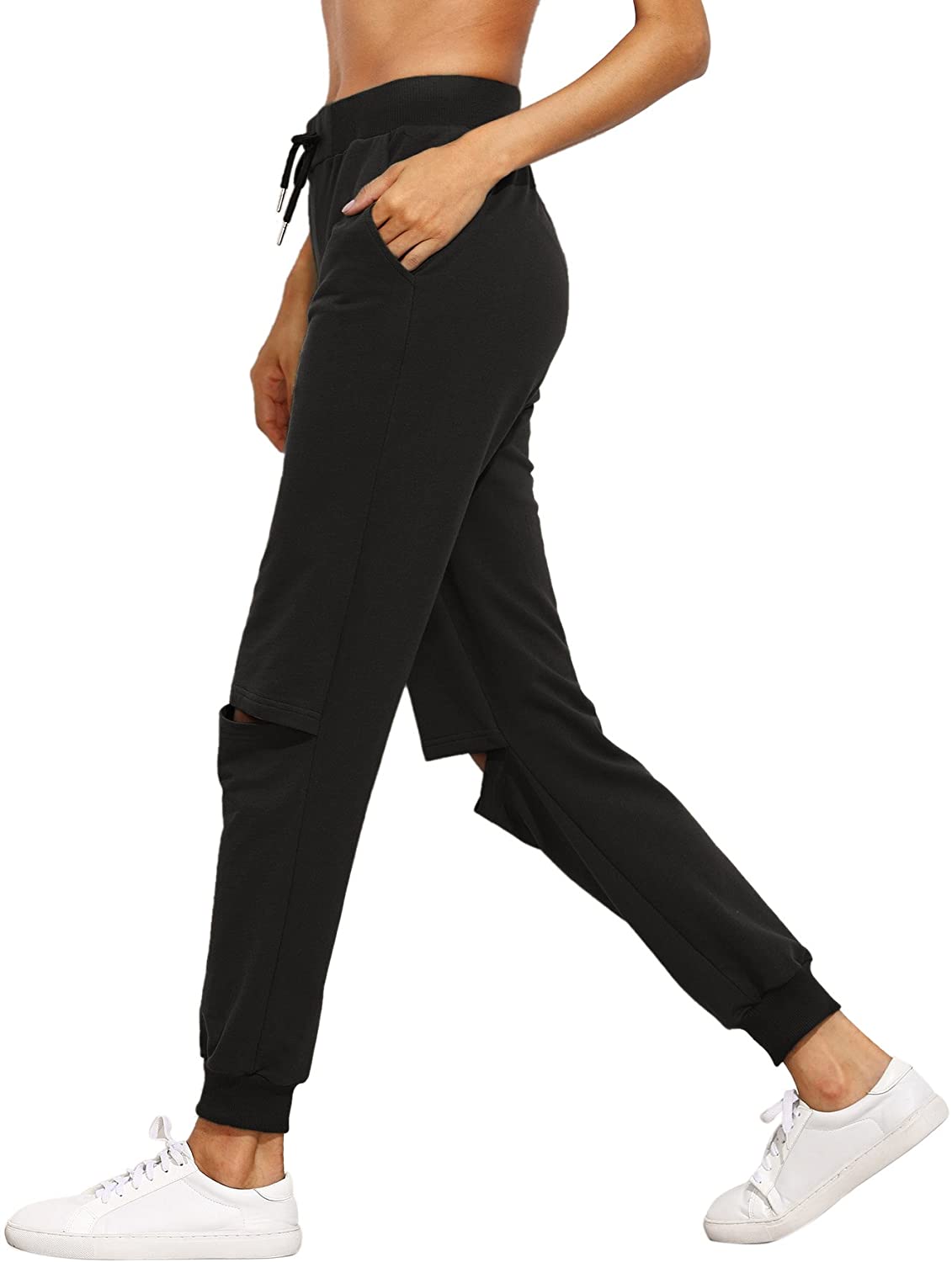 SweatyRocks Women's Ripped Pants Drawstring Yoga Workout, Black #2 ...