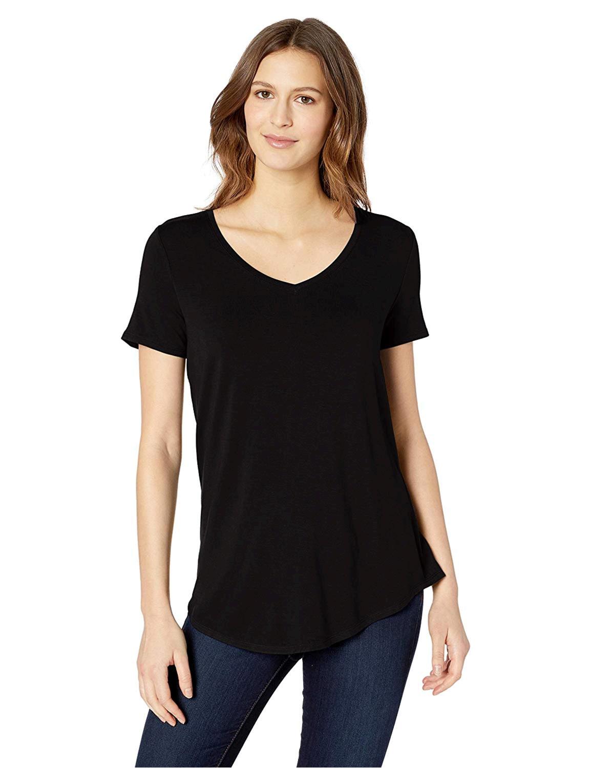 Essentials Women's Solid Short-Sleeve V-Neck Tunic,, Black, Size Medium ...