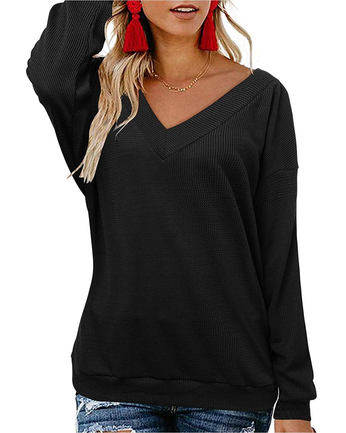 OUGES Womens Tie Back Knit Tops V Neck Long Sleeve Casual, Black, Size ...
