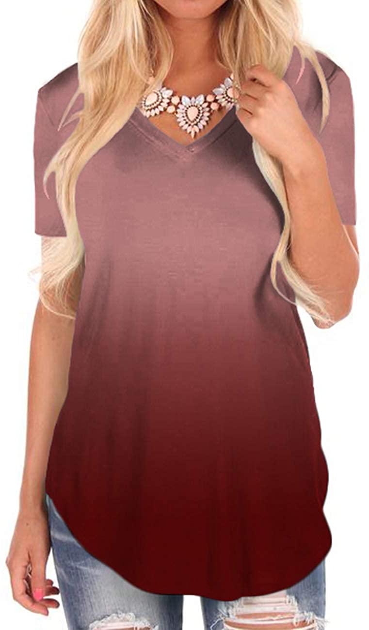 NIASHOT V Neck Undershirt Women Casual Tunic Tee Tops, Ombre Wine, Size