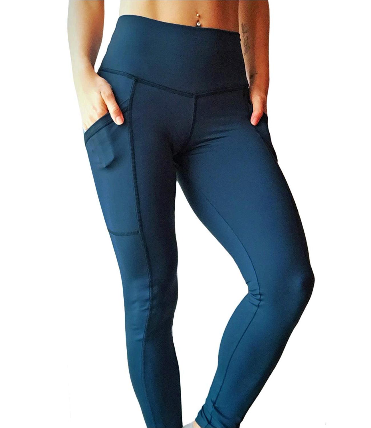 FITTOO Womens Scrunch Yoga Pants, Side Pocket Navy(premium