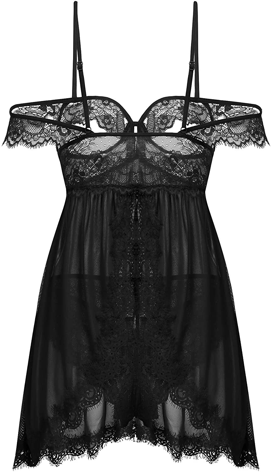Ababoon Womens Babydoll Lingerie Lace Sexy Off Shoulder Black Size Xx