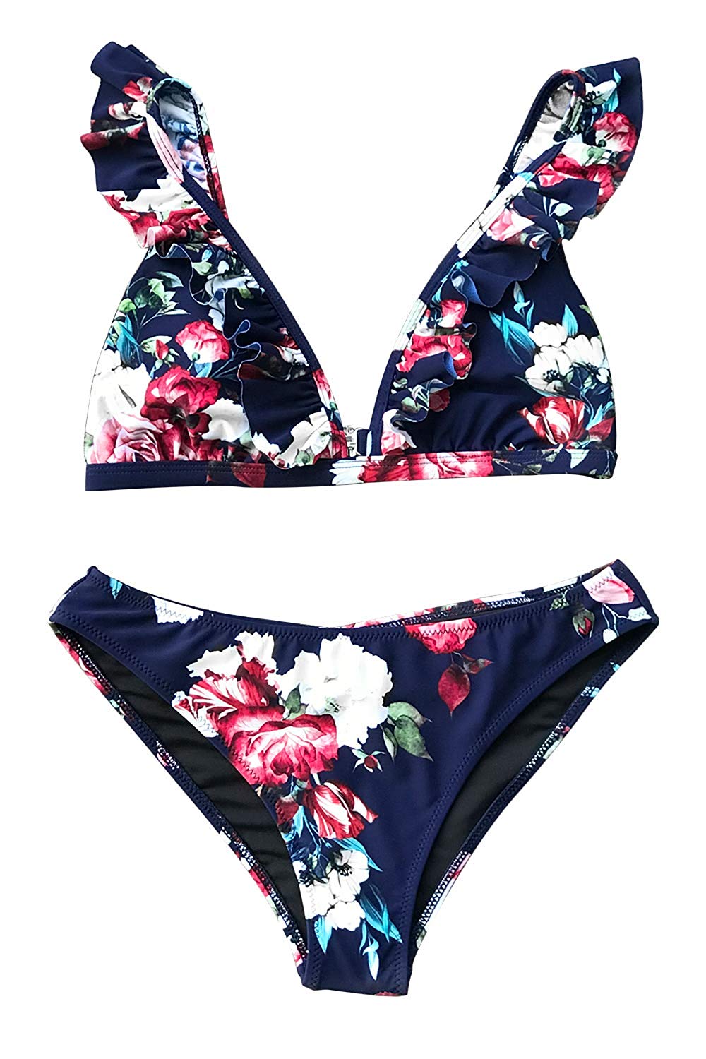 CUPSHE Women's Floral Print Ruffled Shoulder Straps Bikini, Floral ...